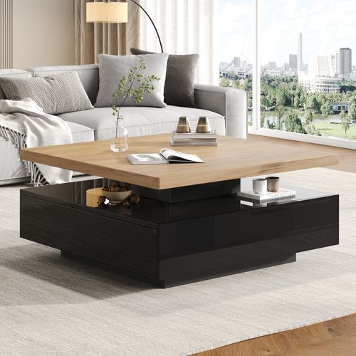 Table Basse Moderne 70x70x36 Cm Avec Tiroir, Plateau Rotatif 2 Niveaux, Panneaux Particules, Noir