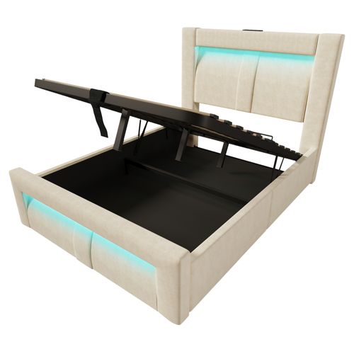Lit Coffre Simple 90 X 200 Cm Avec Rangement, Éclairage LED, Prises USB Et Type-c, Velours, Beige