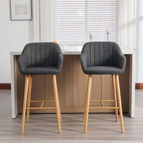 Lot De 2 Tabourets De Bar Moderne Avec Dossier, Accoudoirs, Assise En Lin Et Pieds En Bois, Noir