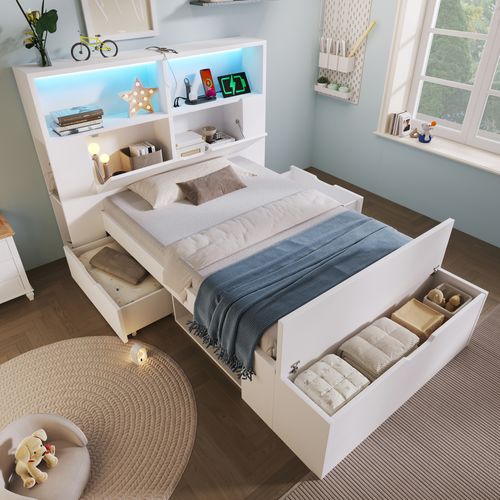 Lit Simple Enfant 90 X 200 Cm Avec 2 Tiroirs De Rangement, 1 Banc, LED, Prises USB-c, Bois, Blanc