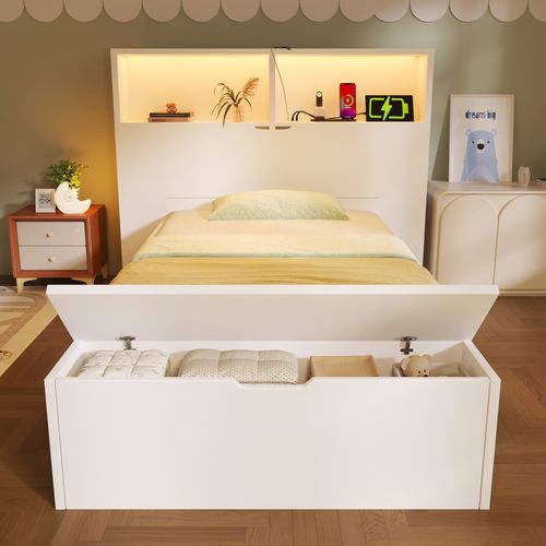 Lit Simple Enfant 90 X 200 Cm Avec 2 Tiroirs De Rangement, 1 Banc, LED, Prises USB-c, Bois, Blanc