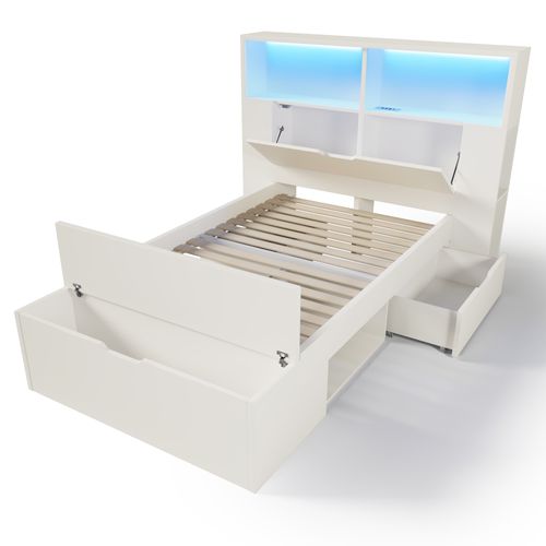 Lit Simple Enfant 90 X 200 Cm Avec 2 Tiroirs De Rangement, 1 Banc, LED, Prises USB-c, Bois, Blanc