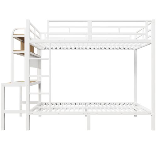Lit Superposé 140x200 Cm Avec Bureau, Barrière De Sécurité, LED, Prise USB, En Métal, Blanc