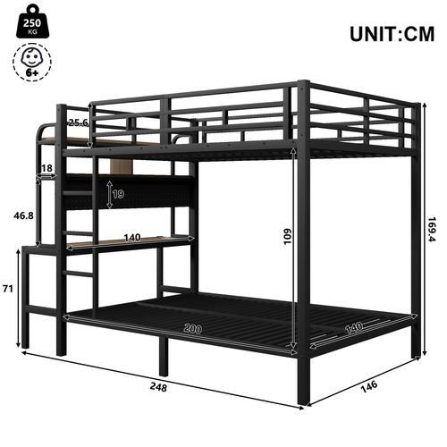 Lit Superposé 140x200 Cm Avec Bureau, Barrière De Sécurité, LED, Prise USB, En Métal, Noir