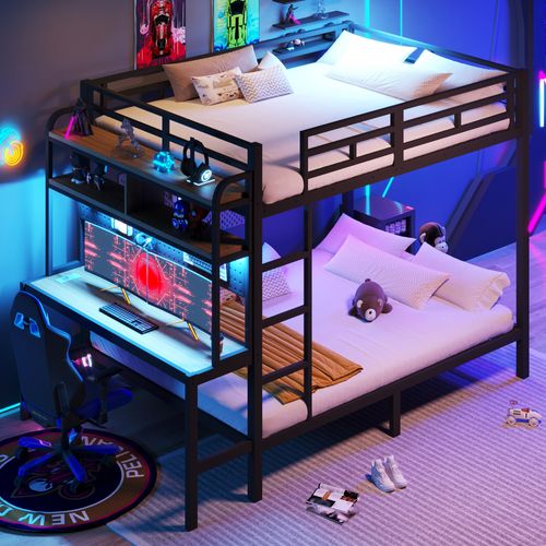 Lit Superposé 140x200 Cm Avec Bureau, Barrière De Sécurité, LED, Prise USB, En Métal, Noir