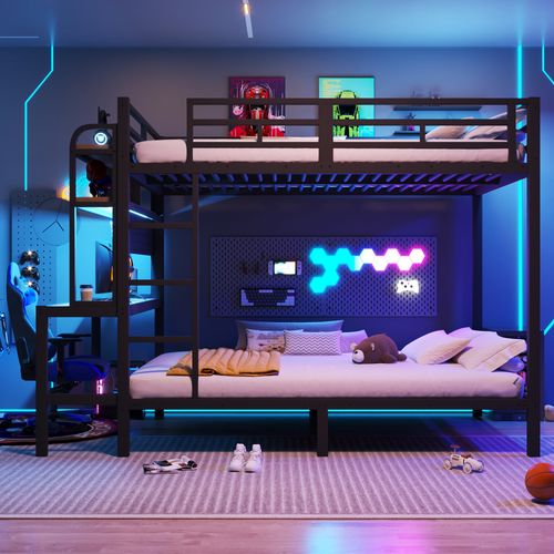 Lit Superposé 140x200 Cm Avec Bureau, Barrière De Sécurité, LED, Prise USB, En Métal, Noir