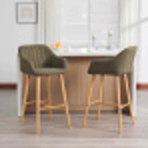 Lot De 2 Tabourets De Bar Moderne Avec Dossier, Accoudoirs, Assise En Lin Et Pieds En Bois, Vert
