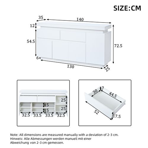 Buffet 140x35x72,5 Cm Avec 2 Tiroirs, 4 Portes, LED, Mdf, Blanc Brillant