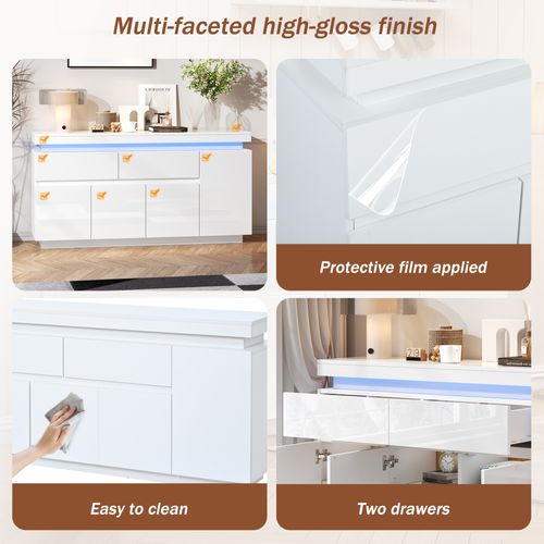 Buffet 140x35x72,5 Cm Avec 2 Tiroirs, 4 Portes, LED, Mdf, Blanc Brillant