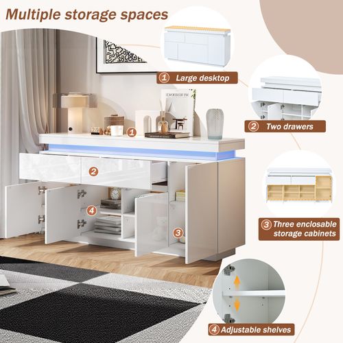 Buffet 140x35x72,5 Cm Avec 2 Tiroirs, 4 Portes, LED, Mdf, Blanc Brillant