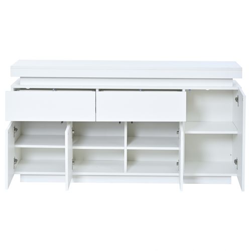 Buffet 140x35x72,5 Cm Avec 2 Tiroirs, 4 Portes, LED, Mdf, Blanc Brillant