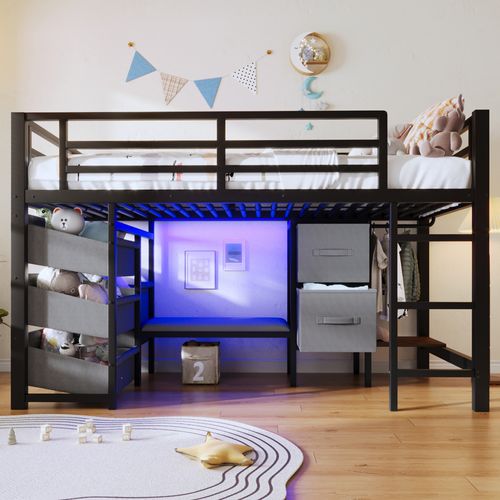 Lit Mezzanine 90x200 Cm Avec Coussin, Tiroir De Rangement, LED Multicolore, En Métal, Noir