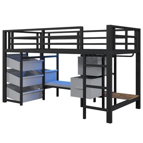 Lit Mezzanine 90x200 Cm Avec Coussin, Tiroir De Rangement, LED Multicolore, En Métal, Noir