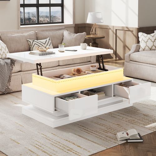 Table Basse Relevable 100x50x40 Cm, LED, 2 Tiroirs Et Rangement Caché, Panneaux Particules, Blanc