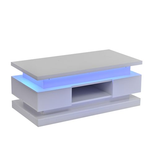 Table Basse Relevable 100x50x40 Cm, LED, 2 Tiroirs Et Rangement Caché, Panneaux Particules, Blanc