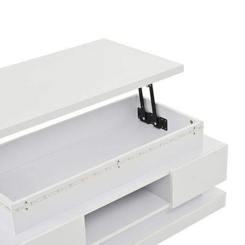 Table Basse Relevable 100x50x40 Cm, LED, 2 Tiroirs Et Rangement Caché, Panneaux Particules, Blanc