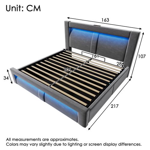 Lit Coffre Adulte 160x200 Cm Avec Rangment, LED, USB et Type-c, Velours Gris