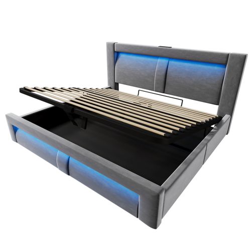 Lit Coffre Adulte 160x200 Cm Avec Rangment, LED, USB et Type-c, Velours Gris