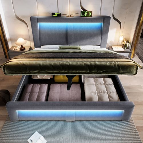 Lit Coffre Adulte 160x200 Cm Avec Rangment, LED, USB et Type-c, Velours Gris