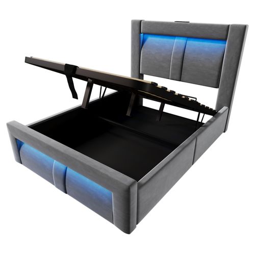 Lit Coffre Simple 90 X 200 Cm Avec Rangement, Éclairage LED, Prises USB Et Type-c, Velours, Gris