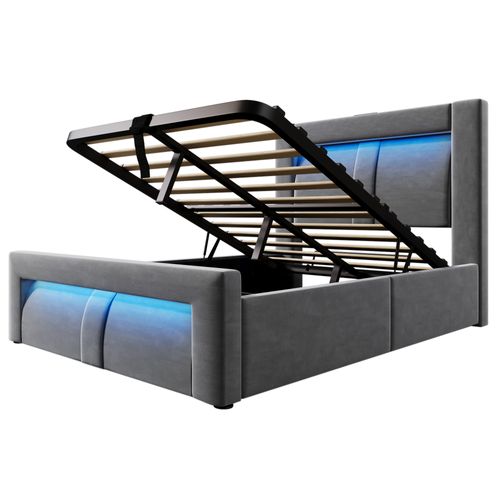 Lit Coffre Simple 90 X 200 Cm Avec Rangement, Éclairage LED, Prises USB Et Type-c, Velours, Gris