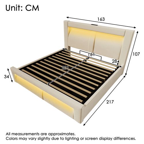 Lit Coffre Adulte 160x200 Cm Avec Rangment, LED, USB et Type-c, Velours Beige