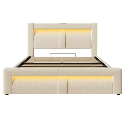 Lit Coffre Adulte 160x200 Cm Avec Rangment, LED, USB et Type-c, Velours Beige