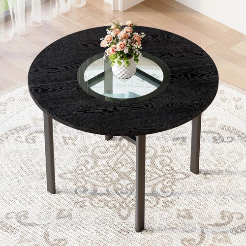 Table De Salle à Manger Ronde 100x76 Cm Avec Rangement Verre, Pieds Stables, En Mdf/verre, Noir
