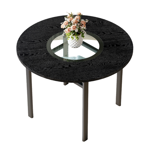 Table De Salle à Manger Ronde 100x76 Cm Avec Rangement Verre, Pieds Stables, En Mdf/verre, Noir
