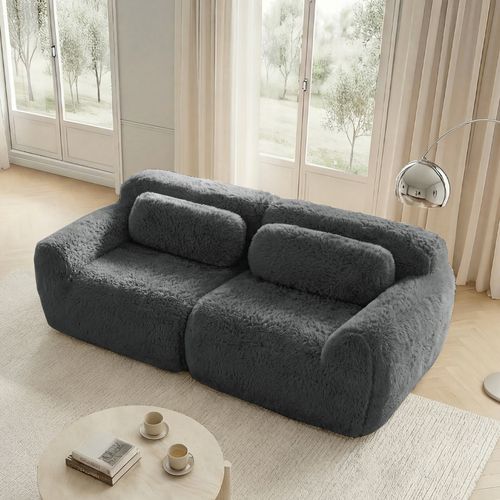 Canapé 2 Places 204x104x73 Cm Avec Coussins, Sans Montage, En Tissu Peluche, Gris