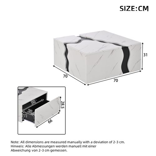 Table Basse 70x70x31 Cm Avec Tiroir, Design Géométrique Effet Marbre, Panneaux Particules, Blanc