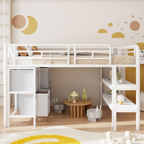 Lit Mezzanine Enfant 90x200 Cm, Lit Simple Avec Étagères De Rangement Et 6 Tiroirs, Métal, Blanc