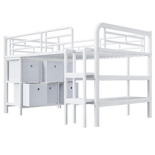 Lit Mezzanine Enfant 90x200 Cm, Lit Simple Avec Étagères De Rangement Et 6 Tiroirs, Métal, Blanc