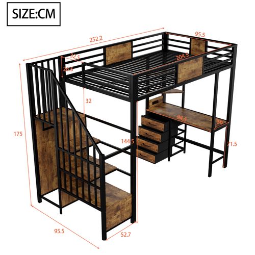 Lit Mezzanine Enfant 90x200 Cm, Lit Simple Avec Étagères, 4 Tiroirs, Bureau Et LED, Métal, Noir