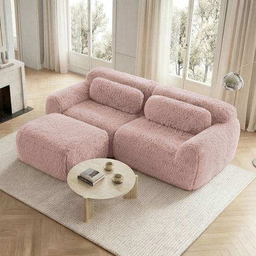Canapé Modulaire 2 Places En Forme De L 204x179x73 Cm Avec Coussins, Sans Montage, Tissu, Rose
