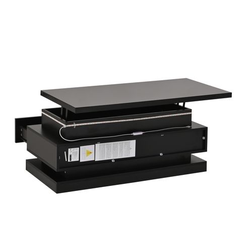 Table Basse Relevable 100x50x40 Cm, LED, 2 Tiroirs Et Rangement Caché, Panneaux Particules, Noir
