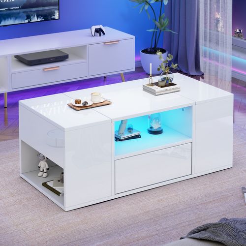 Table Basse Brillante Avec LED, 1 Tiroir, 2 Armoires, Rangements, En Panneau Particules, Blanc