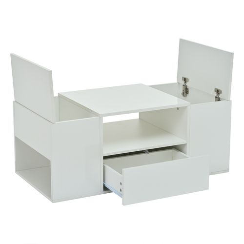 Table Basse Brillante Avec LED, 1 Tiroir, 2 Armoires, Rangements, En Panneau Particules, Blanc