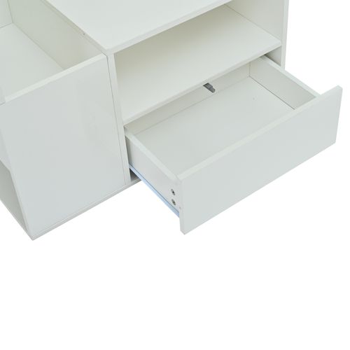Table Basse Brillante Avec LED, 1 Tiroir, 2 Armoires, Rangements, En Panneau Particules, Blanc
