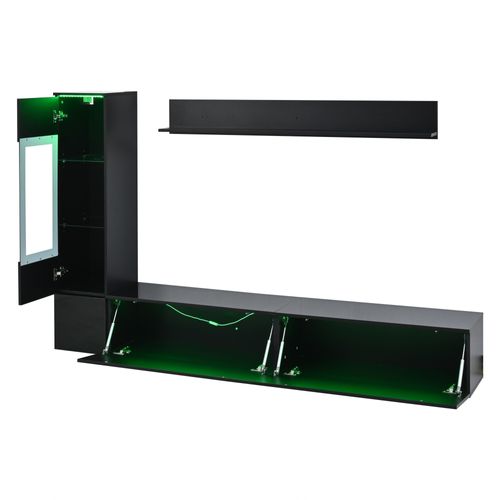 Ensemble Murale Salon: Meuble TV + Vitrine + Étagère, LED, En Panneau Particules, Noir