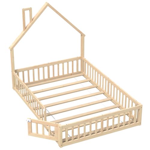 Lit Enfant 140x190 Cm Avec Sommier à Lattes, Grillage De Sécurité, En Pin, Naturel