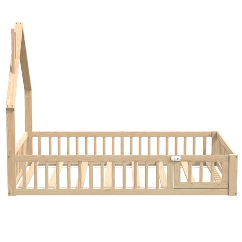 Lit Enfant 140x190 Cm Avec Sommier à Lattes, Grillage De Sécurité, En Pin, Naturel