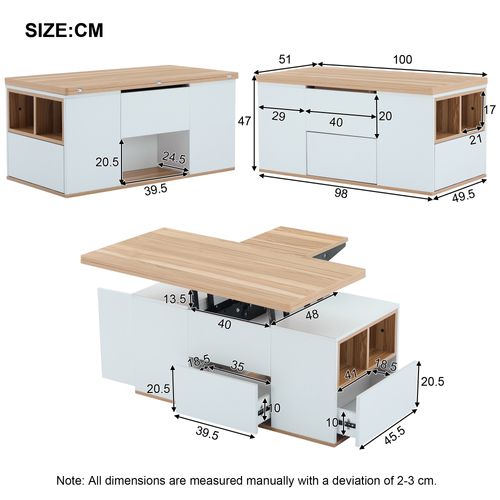 Table Basse Relevable 100x51x47 Cm Avec 2 Tiroirs Et 2 Portes, Panneaux Particules, Blanc