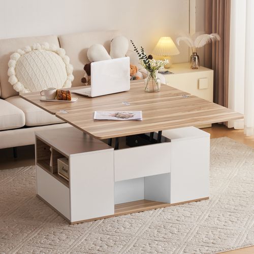 Table Basse Relevable 100x51x47 Cm Avec 2 Tiroirs Et 2 Portes, Panneaux Particules, Blanc