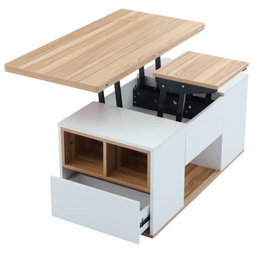 Table Basse Relevable 100x51x47 Cm Avec 2 Tiroirs Et 2 Portes, Panneaux Particules, Blanc