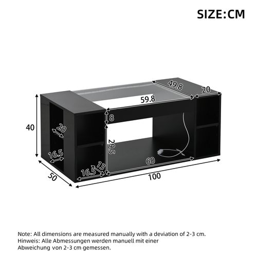 Table Basse Moderne 100x50x40 Cm Avec LED, Plateau En Verre Et Compartiments Ouverts, Mdf, Noir