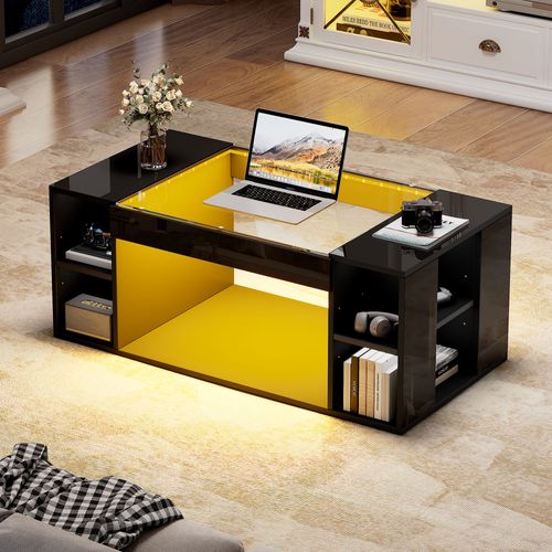 Table Basse Moderne 100x50x40 Cm Avec LED, Plateau En Verre Et Compartiments Ouverts, Mdf, Noir