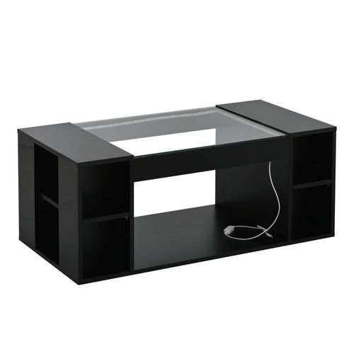 Table Basse Moderne 100x50x40 Cm Avec LED, Plateau En Verre Et Compartiments Ouverts, Mdf, Noir