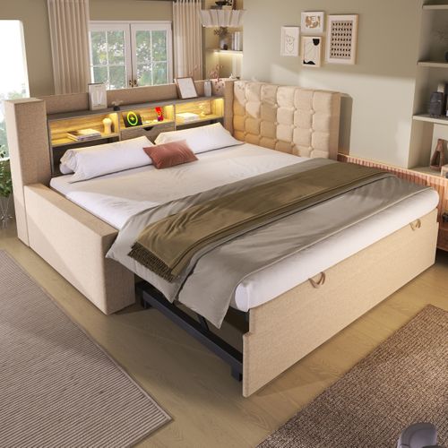 Lit Gigogne 90x200 Cm Avec Tête De Lit Réversible LED Et Rangements Convertible En 180x200 Lin Beige