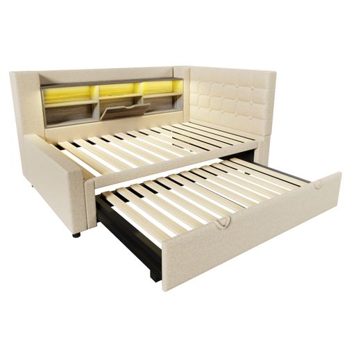 Lit Gigogne 90x200 Cm Avec Tête De Lit Réversible LED Et Rangements Convertible En 180x200 Lin Beige
